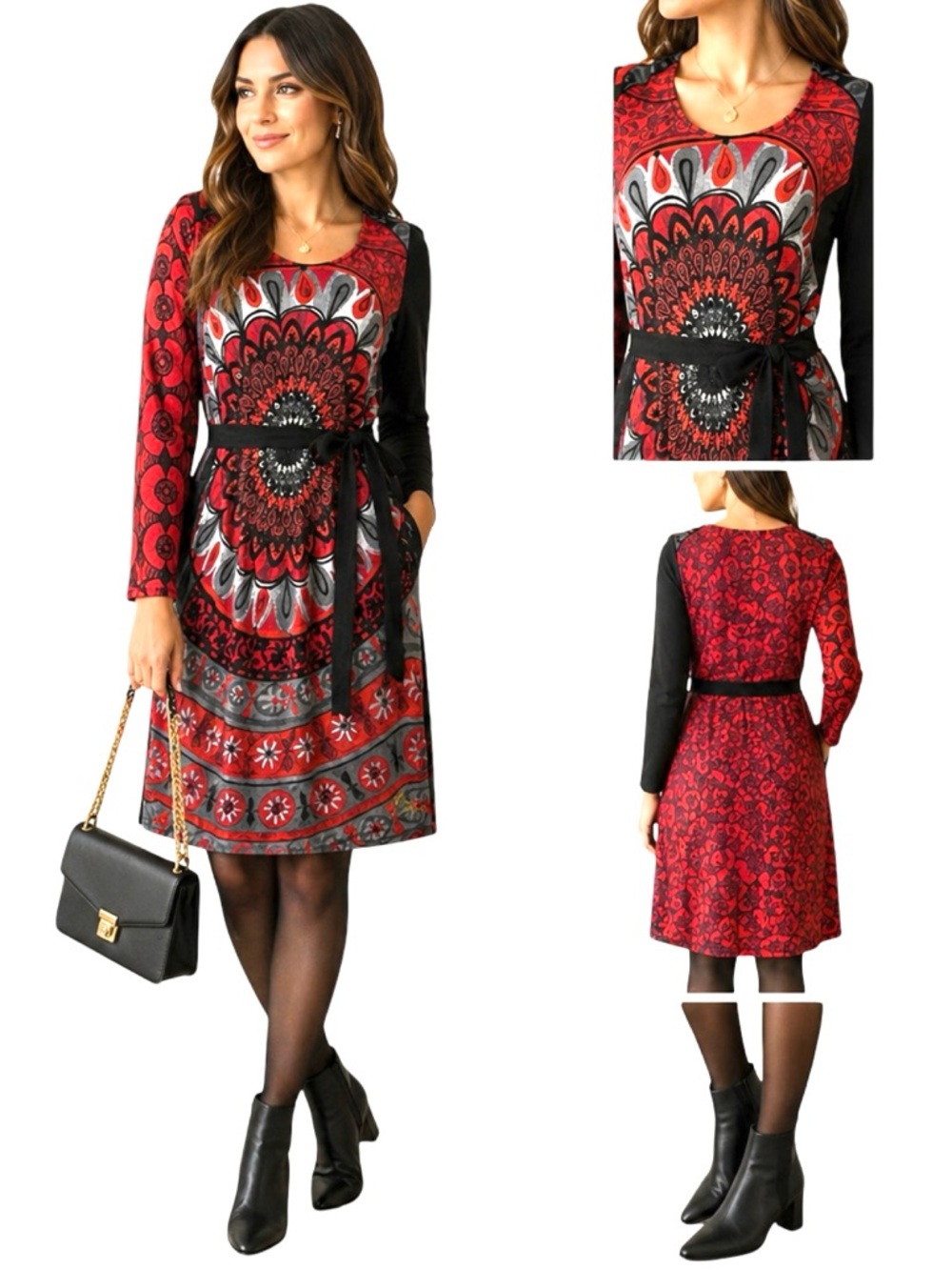 Desigual Mandala Red Black Print Long-Sleeve Dress with Pockets